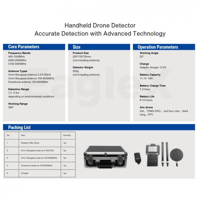 الكشف عن الطائرات بدون طيار اليدوية 3000 متر FPV 400MHz 2.4GHz 5.2G 5.8G الكشف المحمول 0